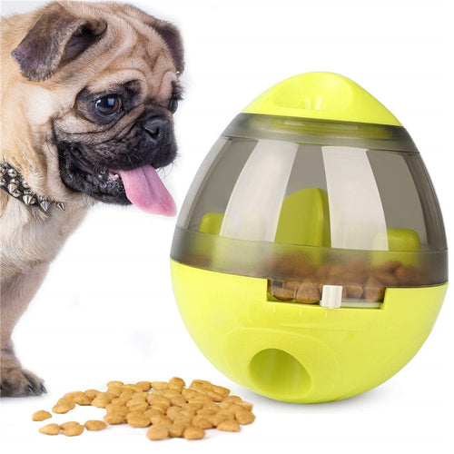 Pug dog interacting with yellow tumbler treat dispenser slow feeder toy releasing kibble on white background