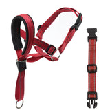 Red adjustable nylon dog muzzle with padded nose strap and secure buckle for biting and barking control