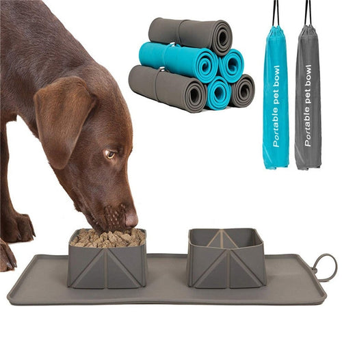 Foldable silicone dog and puppy bowls with portable carrying bags for travel and outdoor use